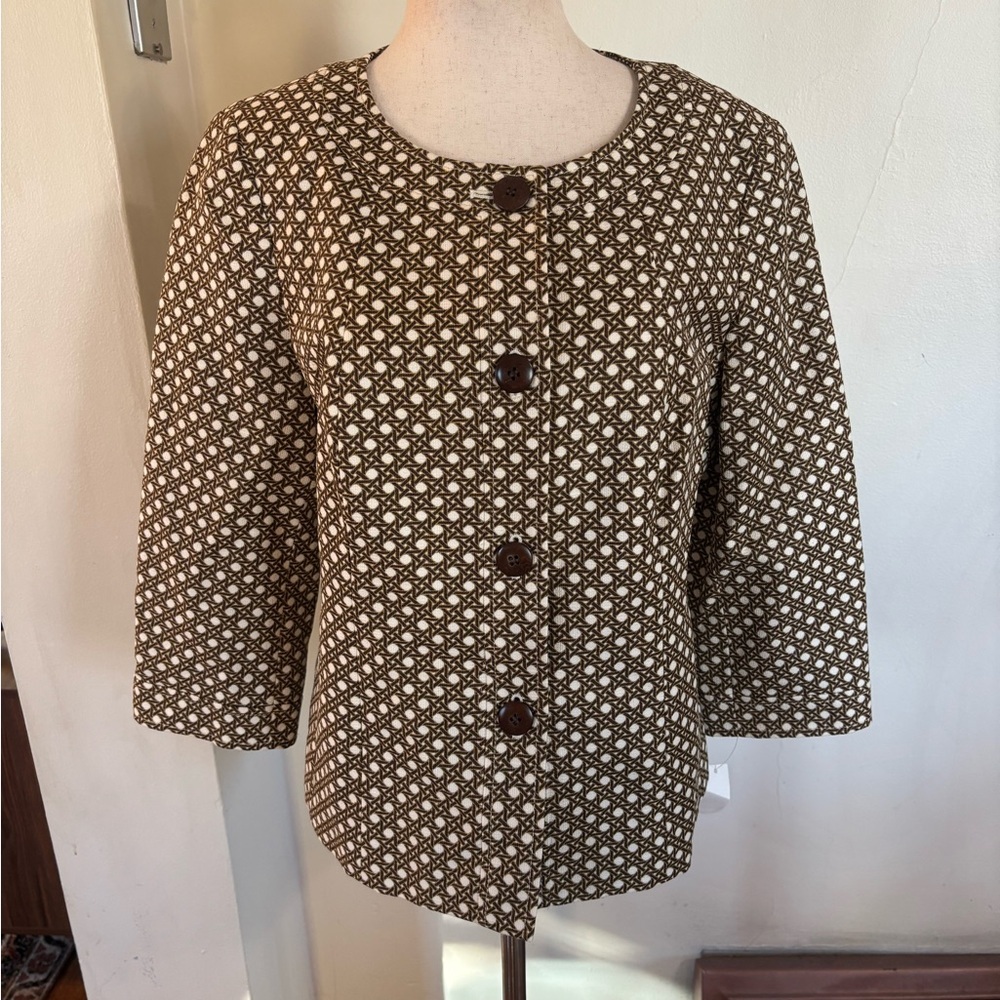 TALBOTS Womens Jacket Blazer Sz 12P Brown Woven Print Button Front Crewneck NWT